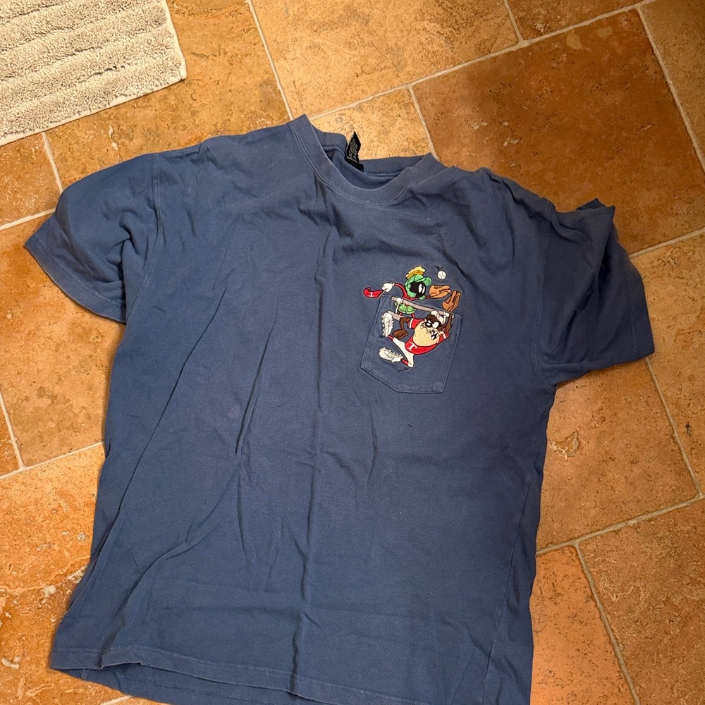 Warner Bros. Navy Blue Tee with Looney Tunes Pocket Embroidery